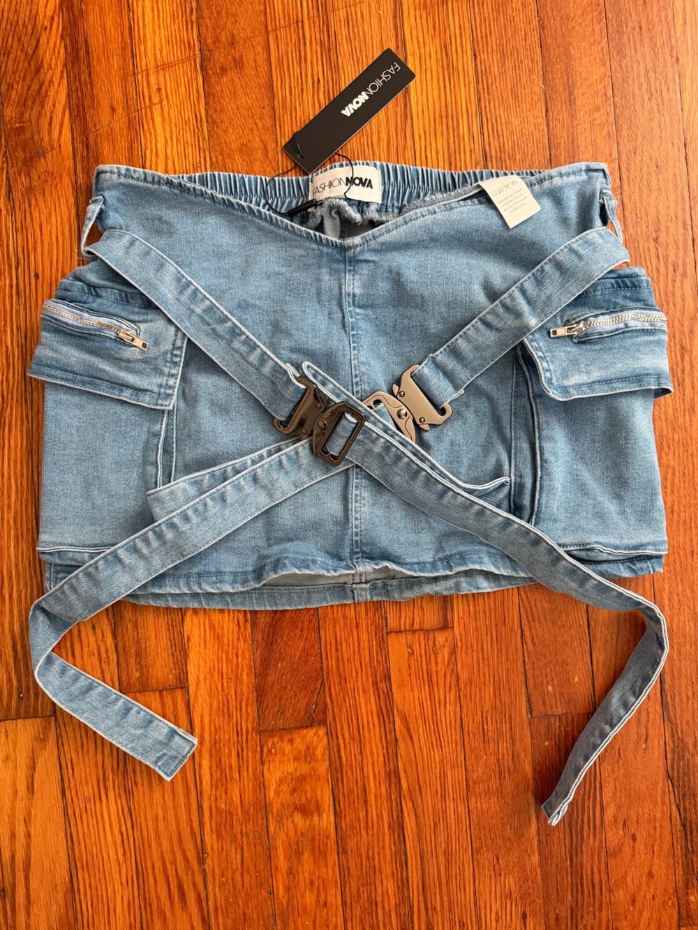 Low Rise Denim Mini Skirt with Adjustable Straps